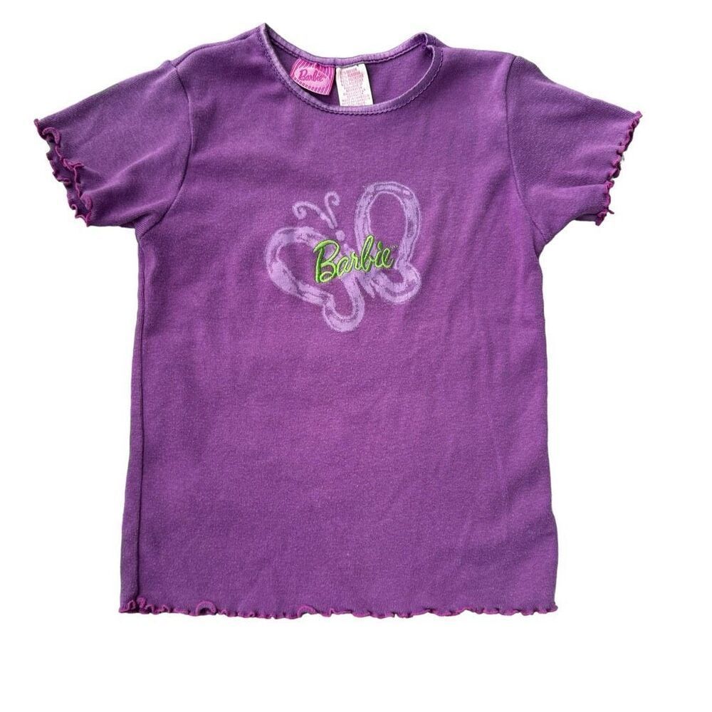 Y2K 1998 Barbie Embroidered Logo Butterfly Girls Baby Tee With Lettuce Hem